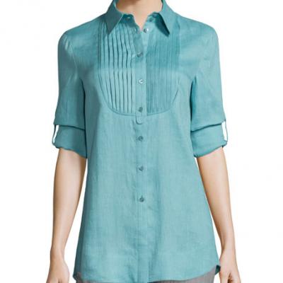 Armani Collezioni Long-Sleeve Pleated-Bib Tunic, Nile Green
