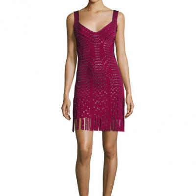 Herve Leger Sleeveless Grommet Fringe-Skirt Bandage Dress, Dark Maroon/Combo