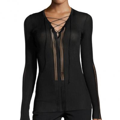 Roberto Cavalli Laced V-Neck Sheer-Panel Sweater, Black
