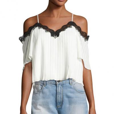 Alice + Olivia Fefe Cold-Shoulder Lace-Trim Pleated Blouse, White/Black