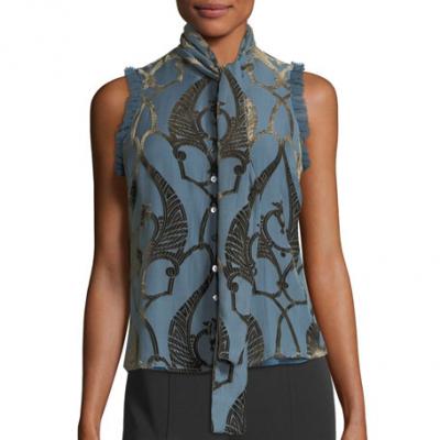 cinq a sept Tie-Neck Button-Front Burnout Velvet Top