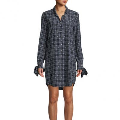 Equipment Manning Button-Front Long-Sleeve Floral-Print Plaid Shirtdress