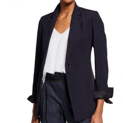 Brunello Cucinelli One-Button Crepe Twill Jacket with Monili Side Trim