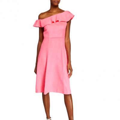 Julie Brown Emilie One-Shoulder Ruffle Fit-and-Flare Dress