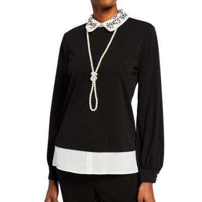 Karl Lagerfeld Paris Collared Embroidered Pearlescent Twofer Top