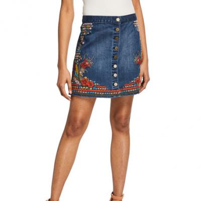 Philosophy Embroidered Denim A-Line Skirt
