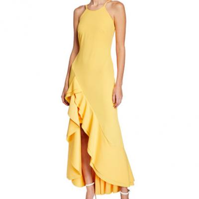 Bebe Ruffle-Hem Crepe Sheath Gown