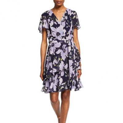 Tahari ASL Floral-Print Ruffle Illusion-Wrap Dress