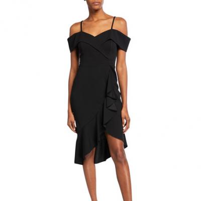 Bebe Off-the-Shoulder Crepe Ruffle Dress