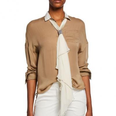 Brunello Cucinelli Button-Front Blouse w/ Beaded Neck Tie