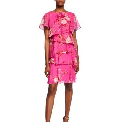 Tahari ASL Floral Short-Sleeve Multitiered Chiffon Dress