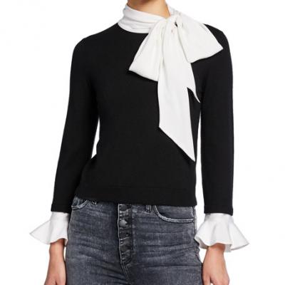 Alice + Olivia Justina Colorblock Tie-Neck Long-Sleeve Combo Sweater