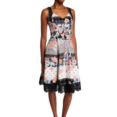 Donna Ricco Printed Sweetheart Neck Fit-&-Flare Crochet Hem Dress