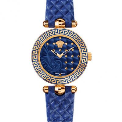 Versace 30mm Vanitas Watch w/ Leather Strap, Rose/Blue
