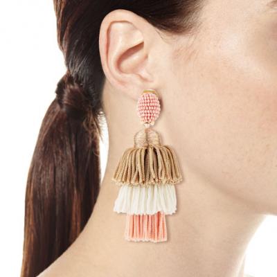 Oscar de la Renta Long Tiered Silk Tassel Clip-On Earrings, Pink