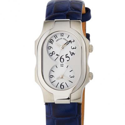 Philip Stein Rectangular Dual Time Watch w/ Alligator Strap, Blue