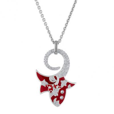 Nouvelle Bague 18k White Gold Diamond & Enamel Flower Pendant Necklace, Red