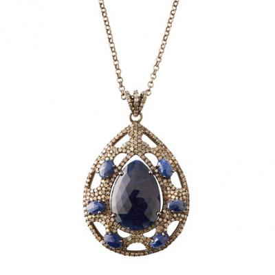 Bavna Blue Sapphire Pear Pendant Necklace w/ Diamonds