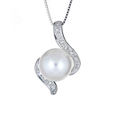 Belpearl 14k White Gold Swirled 9mm Pearl & Diamond Necklace