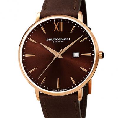 Bruno Magli Mens 42mm Roma Leather Watch w/ Date, Burgundy/Rose