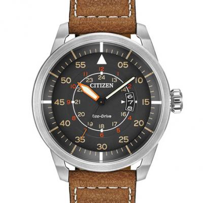 Citizen 45mm Mens Avion Eco-Drive Watch w/ Leather Strap, Light Brown/Gray