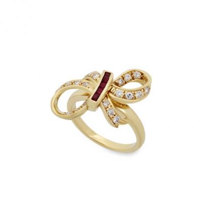 Tiffany & Co. Estate 18K Yellow Gold Diamond & Ruby Bow Ring, Size 5.5