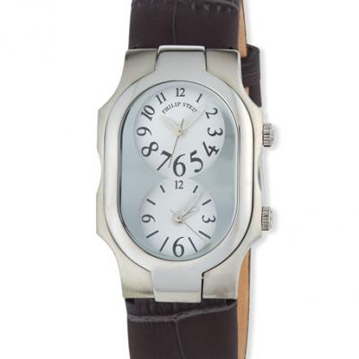 Philip Stein Rectangular Dual Time Watch w/ Alligator Strap, Gray