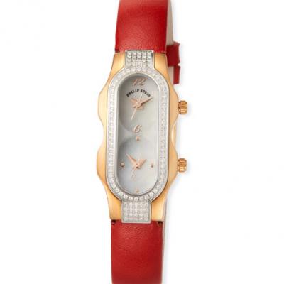 Philip Stein Mini Signature Double Diamond Watch w/ Leather Strap, Red/Gold