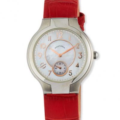 Philip Stein Small Round Classic Watch, Mother-of-Pearl/Red