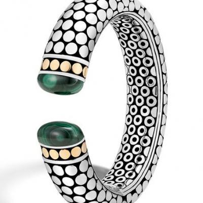 John Hardy Dot 18k Gold & Silver Medium Kick Cuff w/ Malachite, Size M