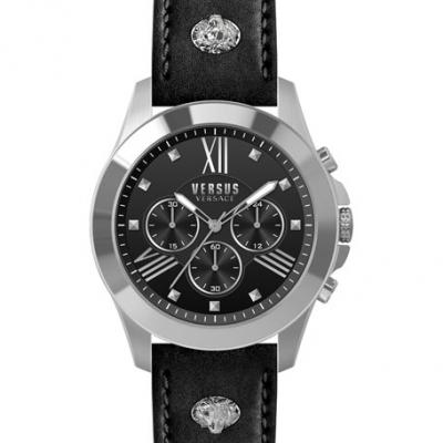Versus Versace Mens 44mm Chronograph Watch w/ Leather Strap, Black