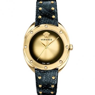 Versace 38mm Shadov Diamond Leather Watch, Black/Champagne