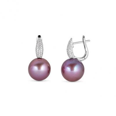 Belpearl Classic 18k White Gold Pink Pearl Diamond Huggie Earrings