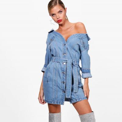 Off The Shoulder Denim Shirt Dress Boohoo UK