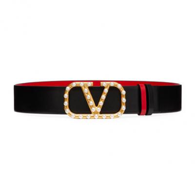Valentino VLOGO Reversible Leather Belt w/ Crystal Pearl Buckle