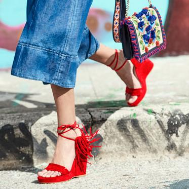 Stuart Weitzman Pompom Fringe Ankle-Tie Wedge Sandal