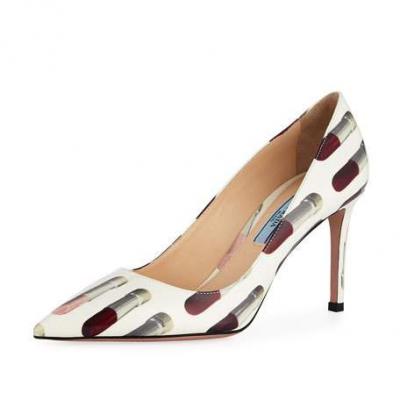 Prada Lipstick-Print Patent Leather Pumps