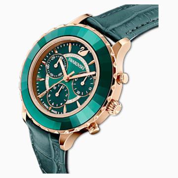 Octea Lux Chrono Watch, Leather strap, Green, Rose-gold tone PVD Swarovski