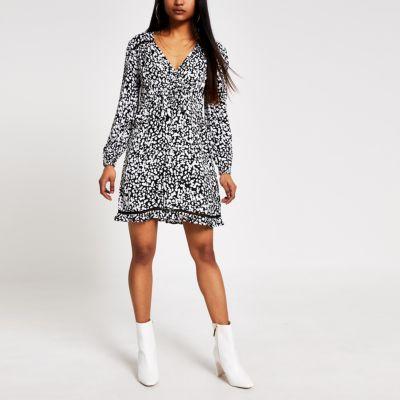 Petite black print tie neck mini smock dress River Island