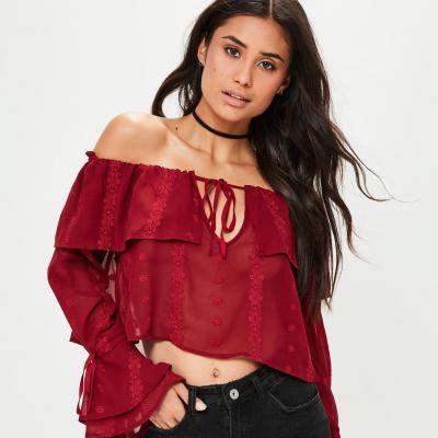 Petite Burgundy Bardot Embroidered Top Missguided