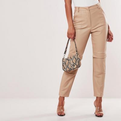 Stone Faux Leather Cargo Cigarette Trousers