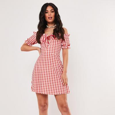 Red Gingham Milkmaid Lace Up Skater Dress Missguided