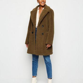 Rust Double Breasted Longline Teddy Coat New Look