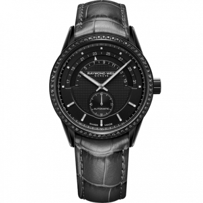 Freelancer Ladies 38mm, Automatic Calibre RW4250, Black PVD Case, Black dial, 66 Black diamonds,Black Leather Strap RAYMOND WEIL