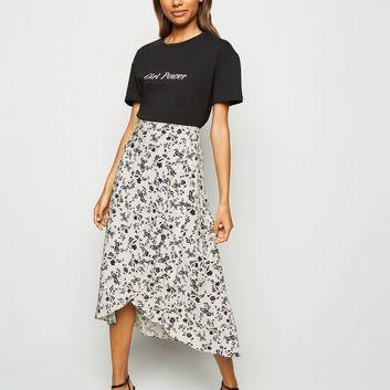 Stone Floral Wrap Midi Skirt New Look
