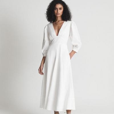 Reiss White Christie Puff Sleeve Plunge Midi Dress - REISS