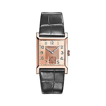 Tiffany 1837 Makers 27 mm square watch in 18k rose gold on an alligator strap. Tiffany & Co.