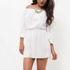 White Embroidered Trim Barot Neck Flutter Sleeve Playsuit - new look