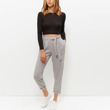 White Linen Mix Stripe Tie Waist Trousers - New Look