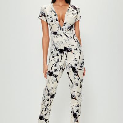 White Silky Oriental Print Plunge Jumpsuit Missguided